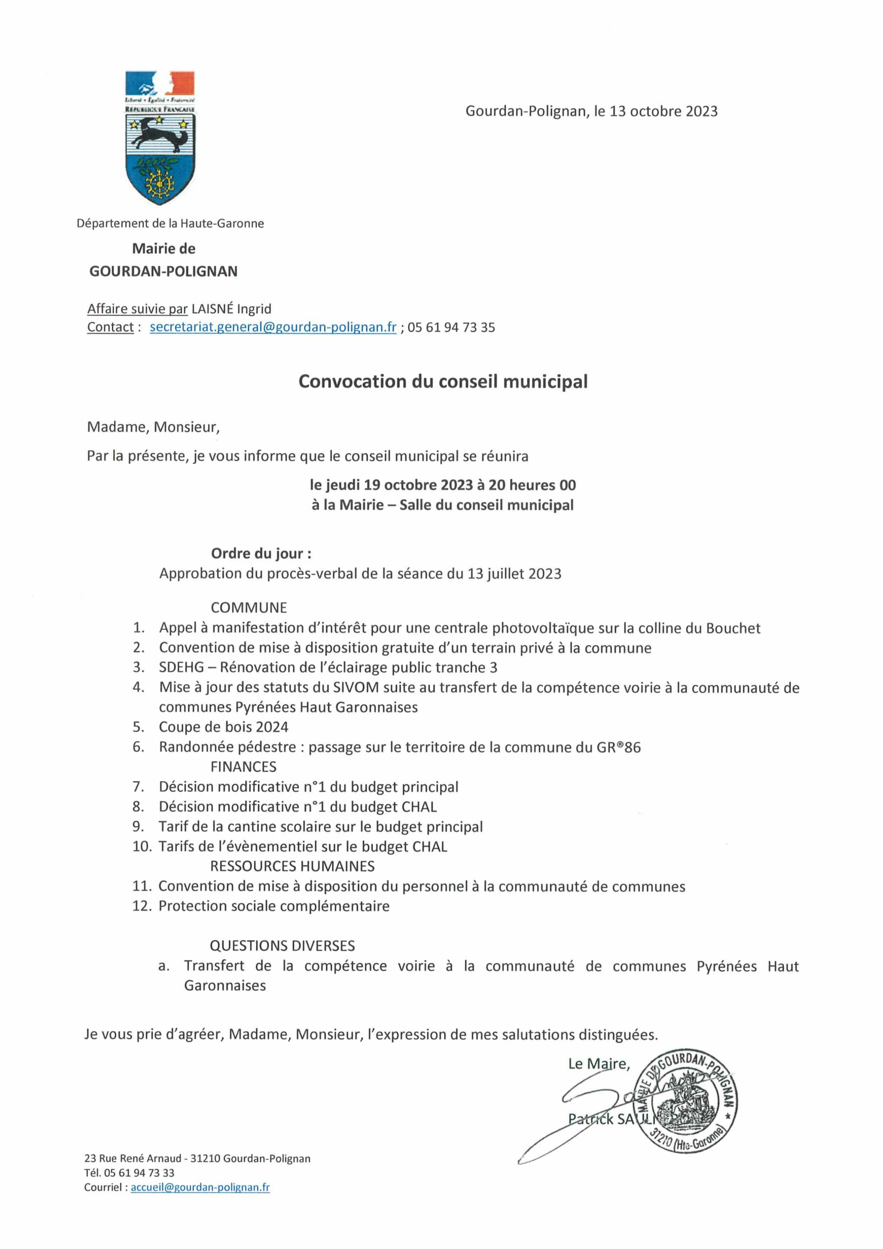 Conseil Municipal du 19 octobre 2023