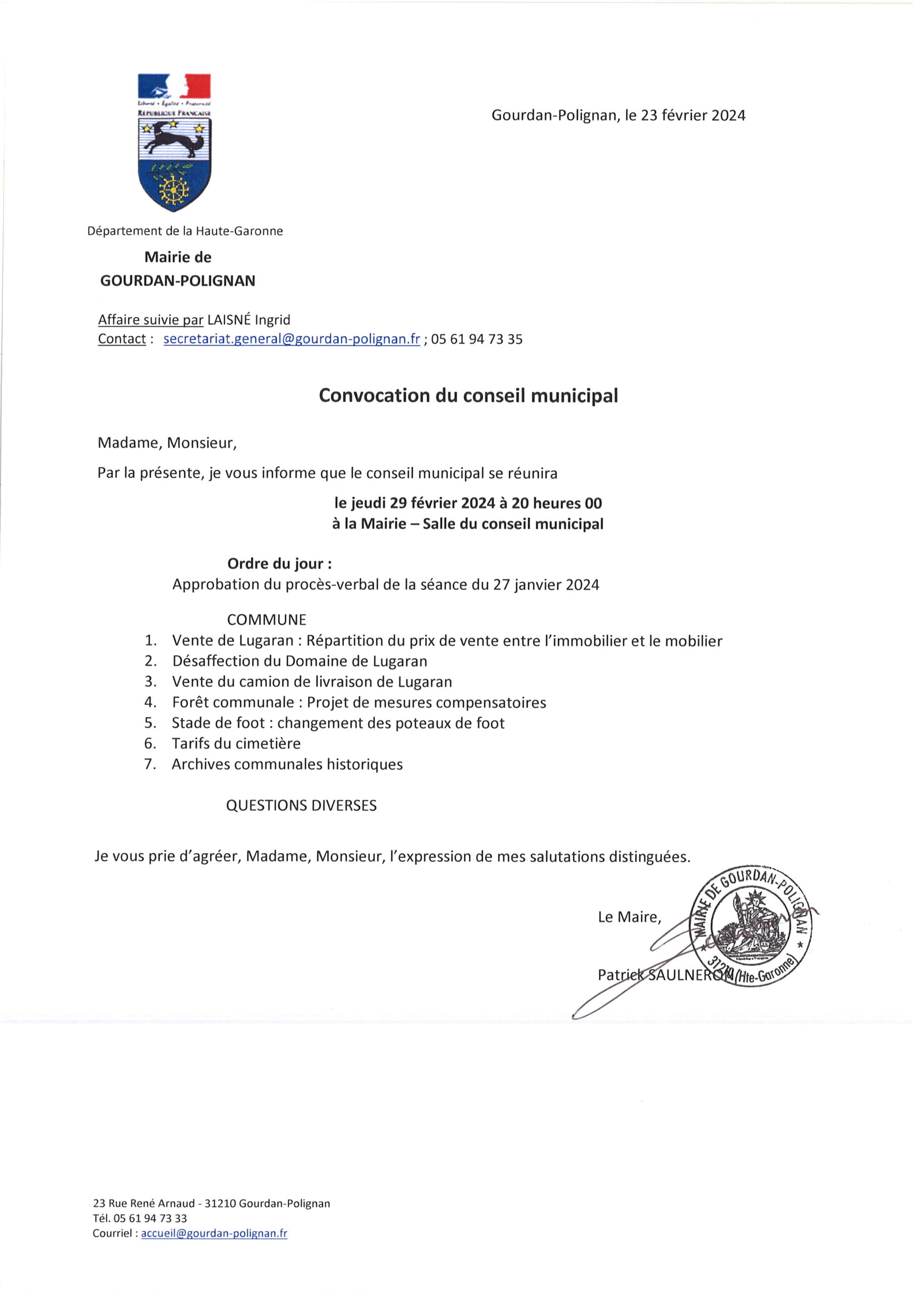 Conseil municipal du 29 février 2024